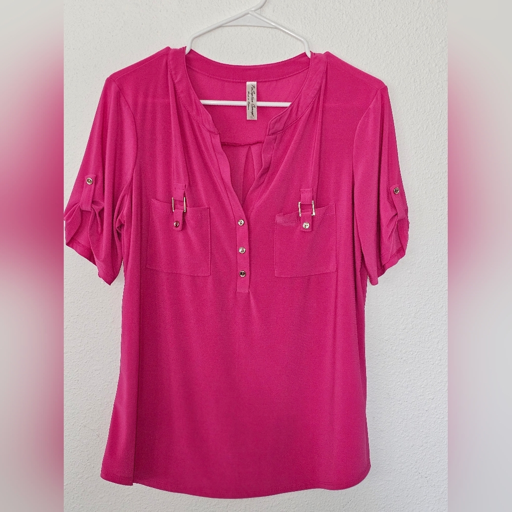 Women’s Fuchsia Roll-Sleeve Pocket Tunic